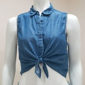 Aritzia Talula Chambray tie-front cropped sleeveless top